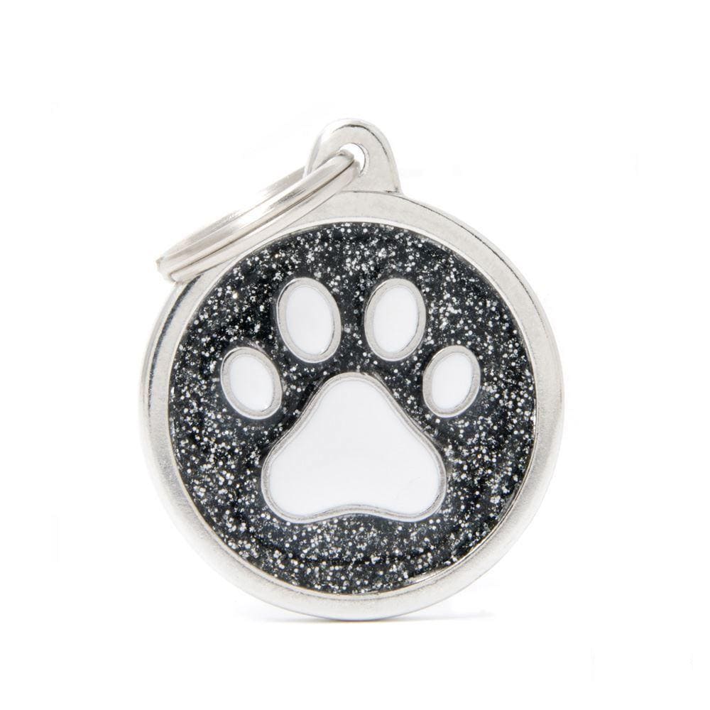 My Family Shine Black Circle With White Paw Dog I.D. Tags - 3B